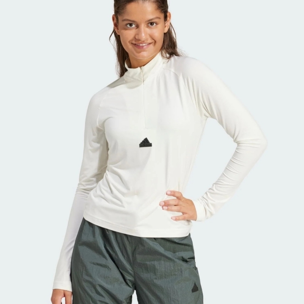 Adidas Women’s Slim Fit Quarter Zip Mock Neck Top Ivory Athletic Long Sleeve M